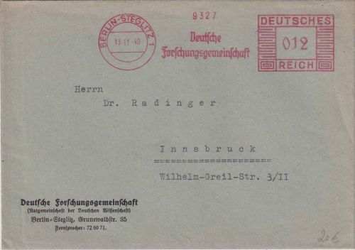 DR - Berlin-Steglitz 1940 12 Pfg. AFS "Deutsche Forschungsgemeinschaft" Brief