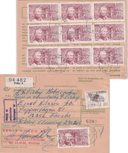 Schweden - 10x75 Ö. Owen u.a. Paketkarte Visby - Farsta 1974