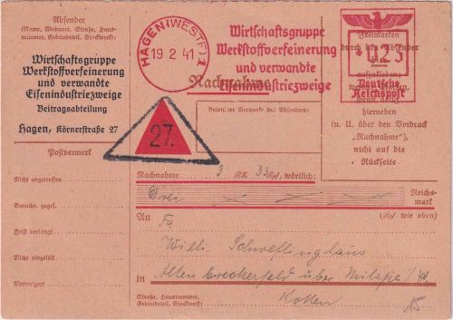 DR - Hagen (Westf.) 1941 23 Pfg. AFS "Wirtschaftsgruppe" Nachnahmedrucksache