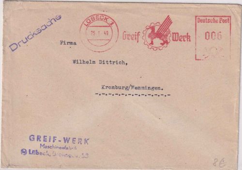 All.Bes. - Lübeck 1949 6 Pfg. AFS "Greif-Werke" Drucksachenbrief n. Kronburg