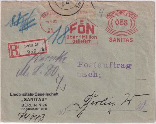 DR - Berlin N24 1932 58 Pfg. AFS Sanitas Fön" Ortseinschreiben/Postauftrag