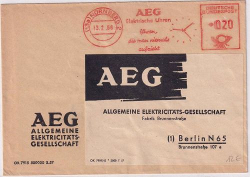 BRD - Nürnberg 1958 20 Pfg. AFS "AEG Elektrische Uhren" Firmenbrief n. Berlin