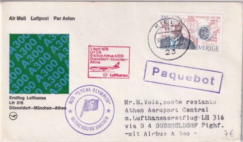 Schweden - 1,30 Kr. Wingquist Kugellager LH-Erstflug Düsseldorf/Athen 1878