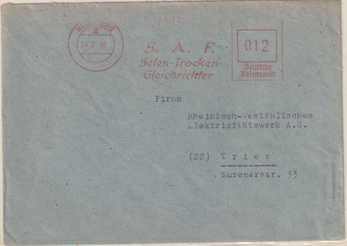 All.Bes. - Nürnberg 28.2.46 12 Pfg. AFS "SAF Selen-Trockengleichrichter" Brief