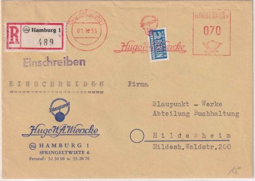 BRD - Hamburg 1955 70 Pfg. AFS "Blaupunkt Wiencke" + Notopfer Einschreibebrief