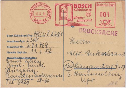 BRD - Frankfurt a/M-West 13 1951 4 Pfg. AFS "Bosch Kühlschränke" Drucksache