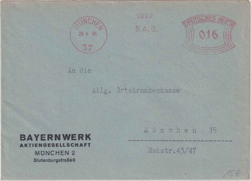 All.Bes. - München 37 1946 16 Pfg. AFS "B.A.G." (Bayernwerk) Ortsbrief