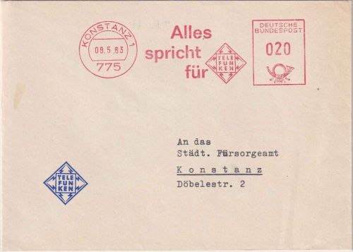 BRD - Konstanz 1963 20 Pfg. AFS "Alles spricht für Telefunken" Ortsbrief
