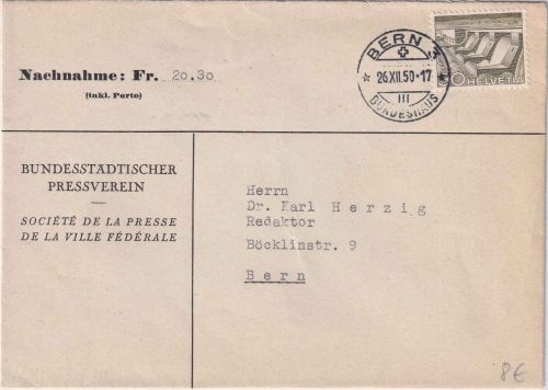 Schweiz - 30 Rp. Wasserkraftwerk Orts-Nachnahmebrief Bern-Bundeshaus 1950