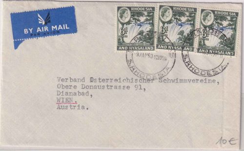Rhodesia/Nyasaland - 3x6 P. Victoriafälle Luftpostbrief n. ÖSTERREICH 1960