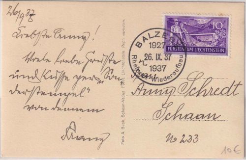 Liechtenstein - 10 Rp. Schlucherbrücke Karte SST Balzers Rheinnot - Schaan 1937