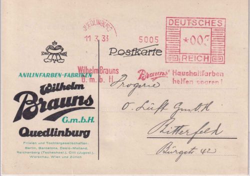 DR - Quedlinburg 1933 3 Pfg. AFS "Brauns Haushaltsfarben" Drucksachenkarte