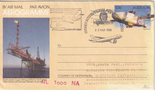 Australien 53 C. Ganzsache/Aerogramme "Gas drilling plattform" KLM-Erstflug 1988