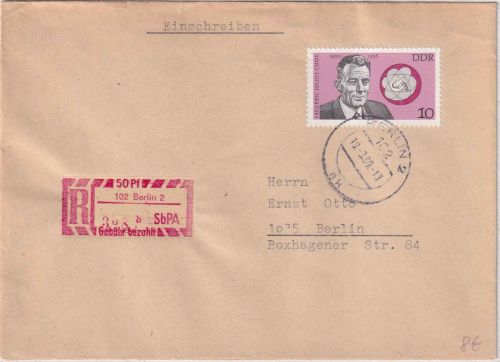 DDR - 10 Pfg. Joliot-Curie + 50 Pfg. SbPA Ortseinschreibebrief Berlin 1980