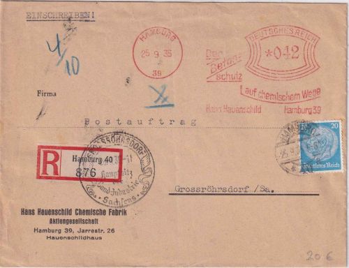 DR - Hamburg 1935 42 Pfg. AFS + 20 Pfg. Hindenburg Einschreibebrief/Postauftrag