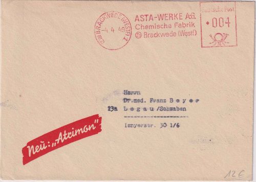 Bizone - Brackwede 1949 4 Pfg. AFS "ASTA-Werke AG Chem. Fabrik" Drucksache