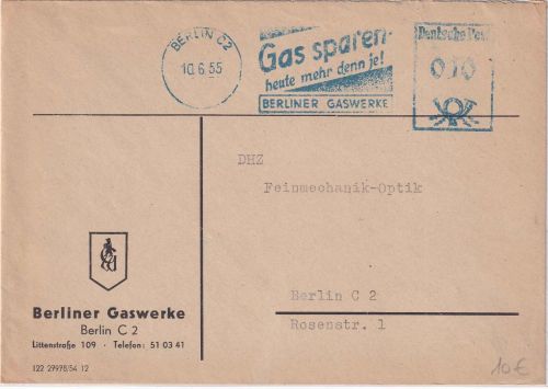 Berlin - Berlin C2 1955 10 Pfg. AFS "Berliner Gaswerke - Gas sparen" Ortsbrief