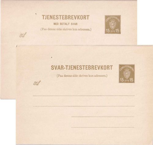 Norwegen - 15/15 Ö. Wappen Dienst-Ganzsache/Doppelkarte ungebraucht Ausg. 1934