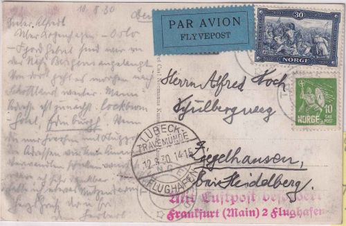 Norwegen - 30 Ö. 900. Todestag König OlafII. u.a. Luftpostkarte Trengereid 1930