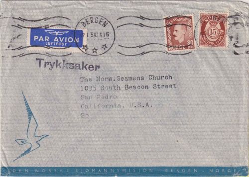 Norwegen - 80 Ö. König Haaakon VII. u.a. Luftpost-Drucksache n. USA Bergen 1954