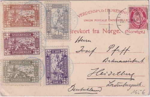 Norwegen - Privatpost Spitzbergen 5 Werte Karte Tromsö - Heidelberg 1913