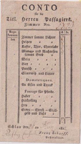 Österreich - Schlan 1812 Übernachtungsrechnung ausgestellt v. Posttrakteur