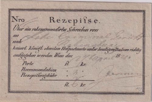 Österreich - Wien 1825 Rezepisse (Teilvordruck) für Reko-Brief n. Rabensburg