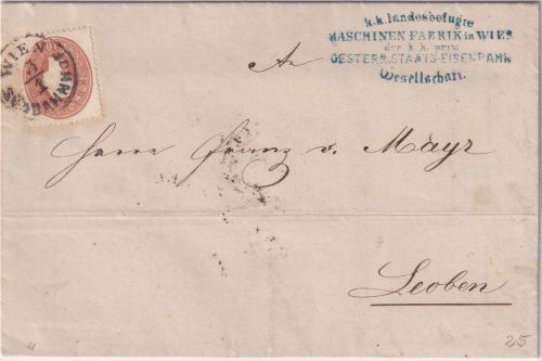Österreich - 10 Kr. 3. Ausgabe Brief K1 Wien Südbahnhof - Leoben 1863