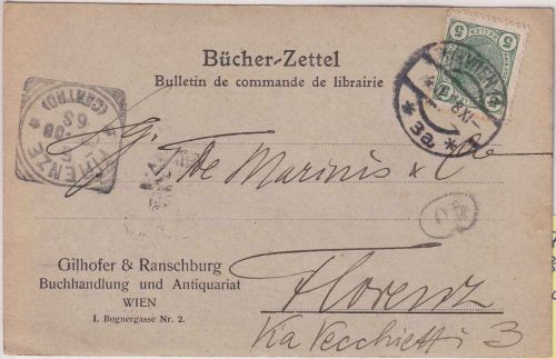 Österreich - 5 H. Franz-Joseph Bücherzettel n. ITALIEN Wien - Florenz 1908