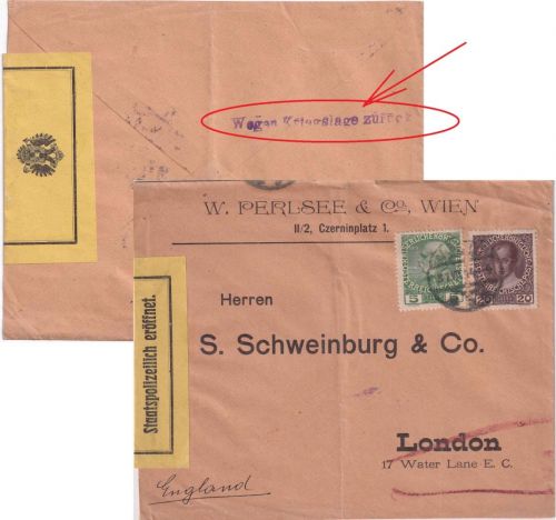 Österreich - Wien 31.7.13 Zensurbrief n. ENGLAND "Wegen Kriegslage zurück"