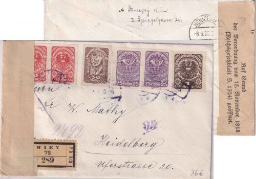 Österreich - 1 K. Adler u.a. Einschreibebrief Wien - Heidelberg 7.9.20 Zensur