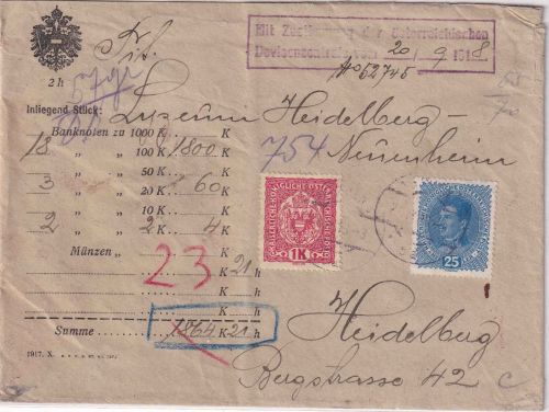 Österreich - 1 K. Wappen u.a. Wertbrief Wien Heidelberg 21.9.18 Devisenkontrolle