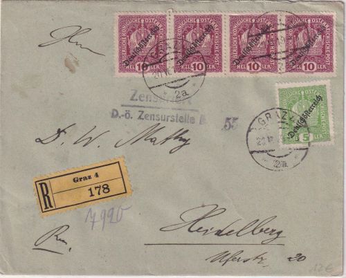 Österreich - 5+4x10 H. "Deutsch-Österreich" Einschreibebrief Graz 20.6.19 Zensur