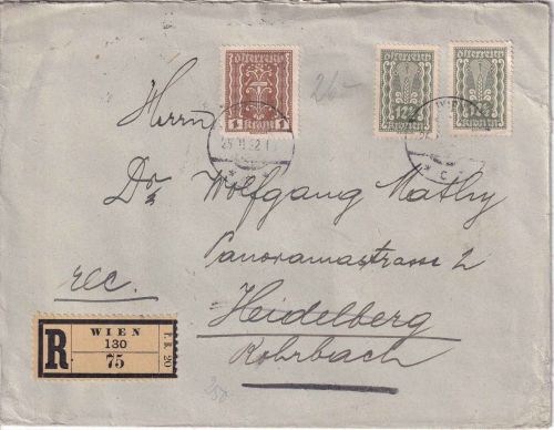 Österreich - 2x12 1/2 K. Ähre u.a. Einschreibebrief >80g Wien Heidelberg 25.2.22