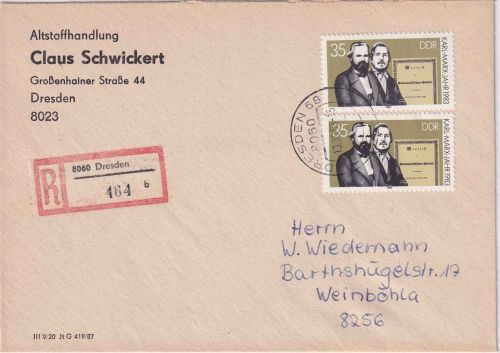DDR - 2x35 Pfg. Karl-Marx-Jahr Einschreibebrief Dresden - Weinböhla 1989