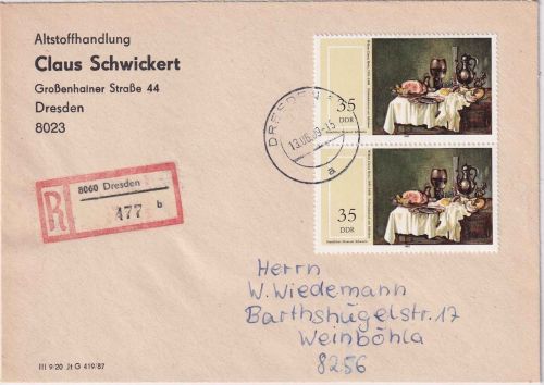 DDR - 2x35 Pfg Staatl. Museum Schwerin Einschreibebrief Dresden - Weinböhla 1989