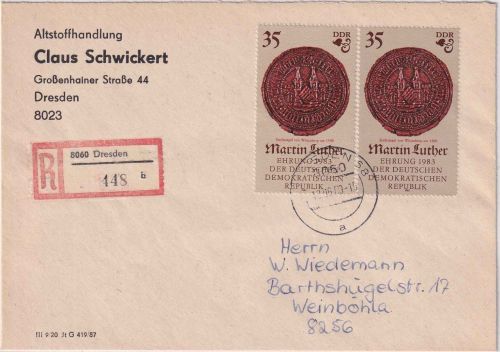 DDR - 2x35 Pfg. 500. Geb. Luther Einschreibebrief Dresden - Weinböhla 1989