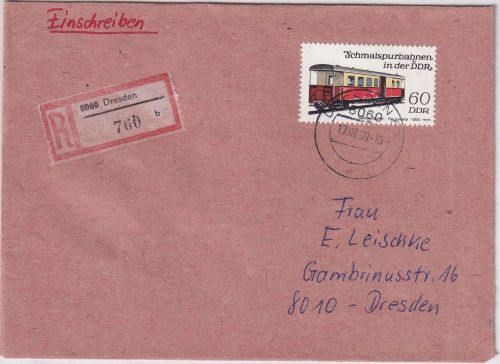 DDR - 60 Pfg. Schmalspurbahn Orts-Einschreibebrief Dresden 1989