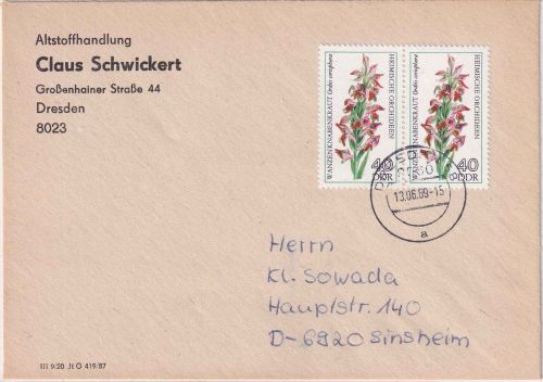 DDR - 2x40 Pfg. Orchideen Brief >20g Dresden - Sinsheim 1989