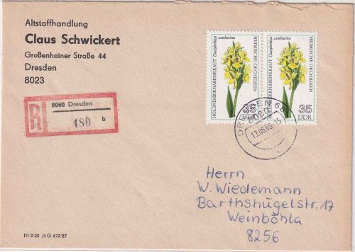 DDR - 2x35 Pfg. Orchideen Einschreibebrief Dresden - Weinböhla 1989