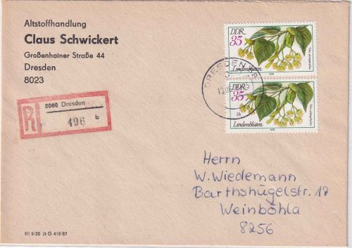 DDR - 2x35 Pfg. Lindenblüten Einschreibebrief Dresden - Weinböhla 1989