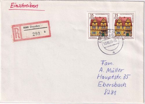 DDR - 2x35 Pfg. Fachwerkbauten Einschreibebrief Dresden - Ebersbach 1989