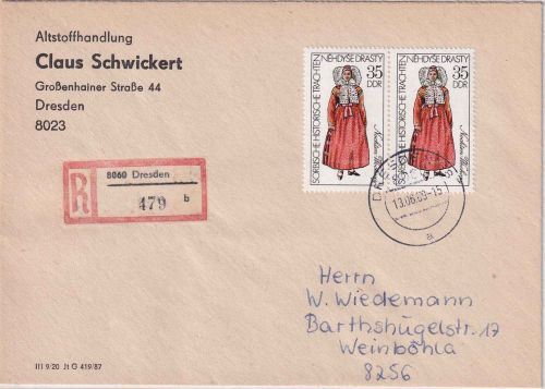 DDR - 2x35 Pfg. sorbische Trachten Einschreibebrief Dresden - Weinböhla 1989