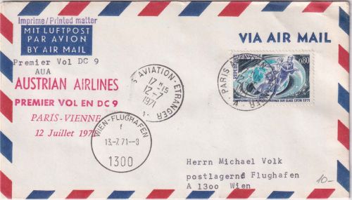 Frankreich - 0,80 Fr. Eiskunstlauf-WM AUA Erstflug Paris/Wien 1971