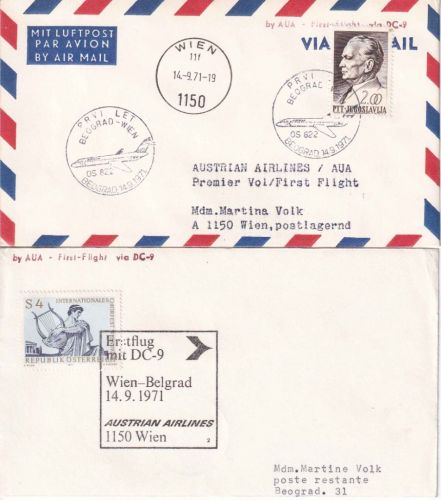 Österreich/Jugoslawien - AUA Erstflug Wien/Belgrad + Belgrad/Wien 2 Belege 1971