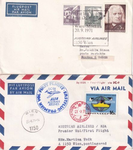 Österreich/UdSSR - AUA Erstflug Wien/Moskau + Moskau/Wien 2 Belege 1971