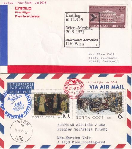 Österreich/UdSSR - AUA Erstflug Wien/Moskau + Moskau/Wien 2 Belege 1971