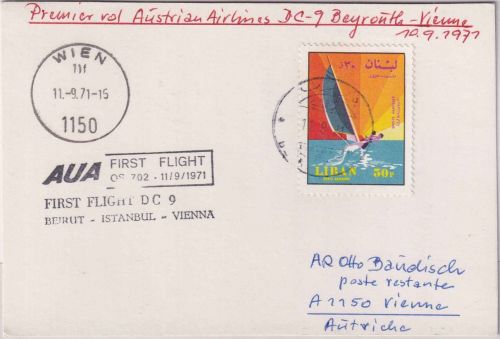 Libanon - AUA Erstflug Beirut/Wien Luftpostkarte 1971