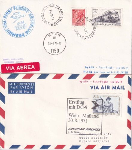 Österreich/Italien - AUA Erstflug Wien/Mailand + Mailand/Wien 2 Belege 1971