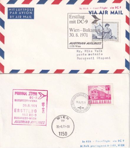 Österreich/Rumänien - AUA Erstflug Wien/Bukarest + Bukarest/Wien 2 Belege 1971